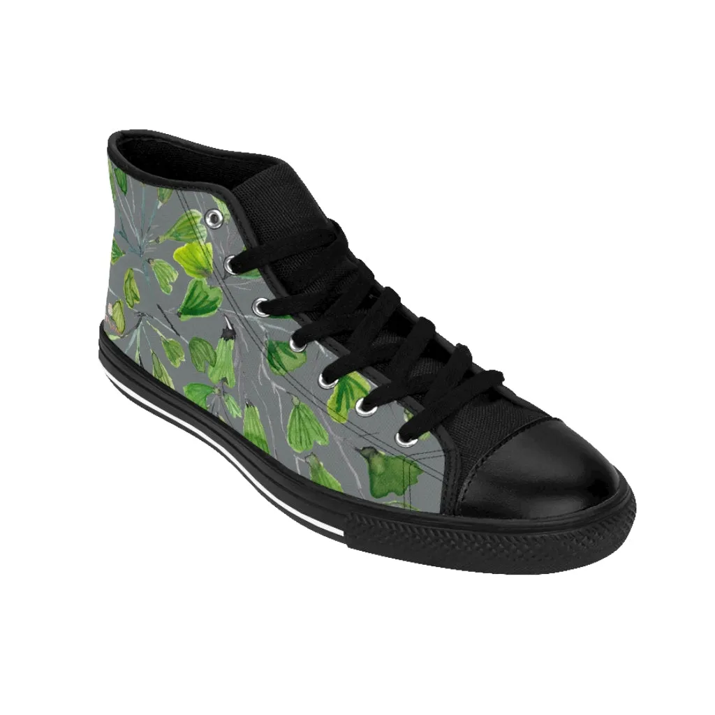 Grey Maidenhair Men's Tennis Shoes, Tropical Print Designer Best High-top Sneakers For Men