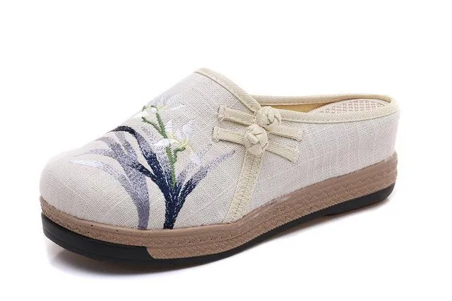 Handmade Embroidered Linen Flat Mule Slippers