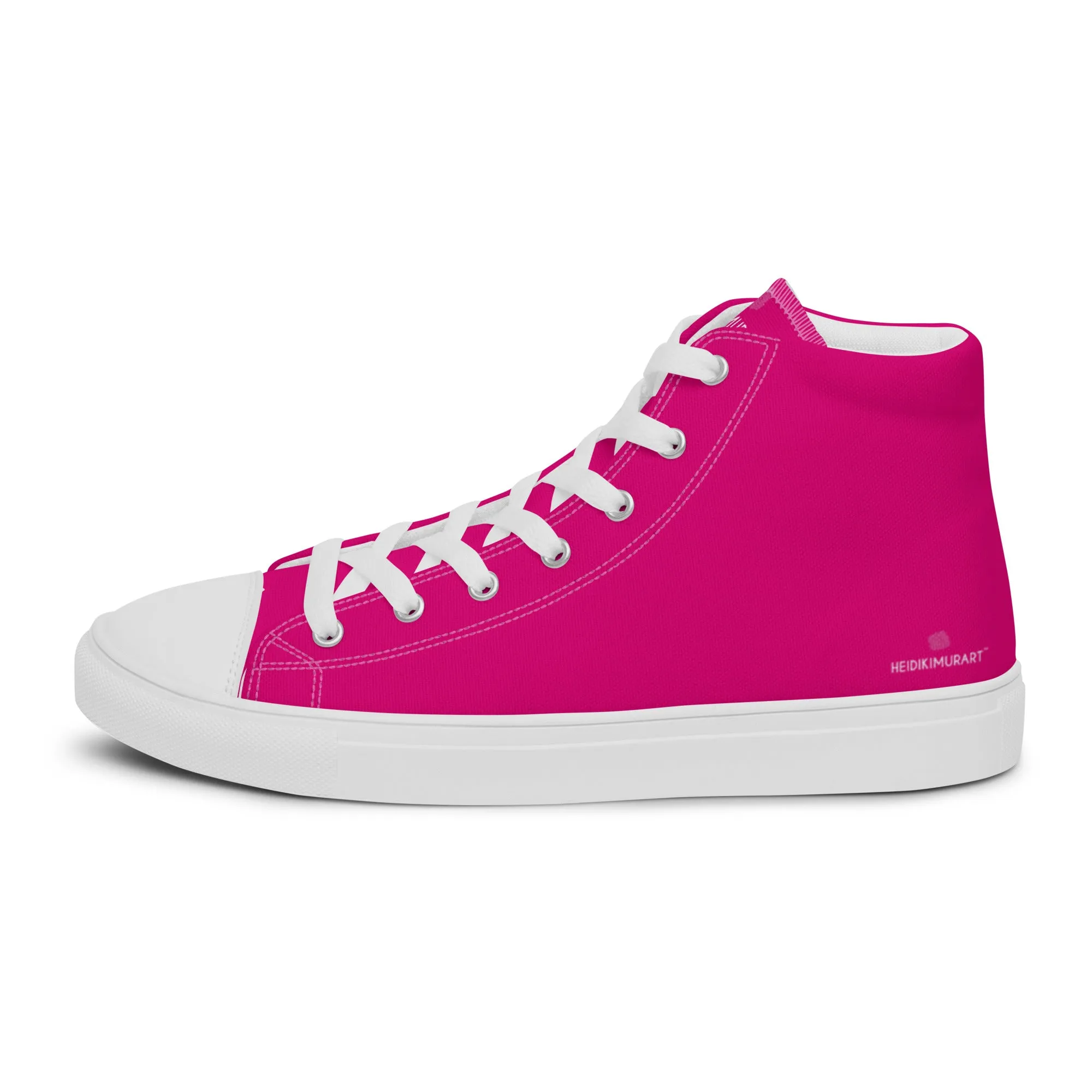 Hot Pink Men's High Tops, Solid Hot Pink Color Men’s High Top Sneakers Canvas Tennis Shoes With White Laces and Faux Leather Toe Caps (US Size: 5-13)