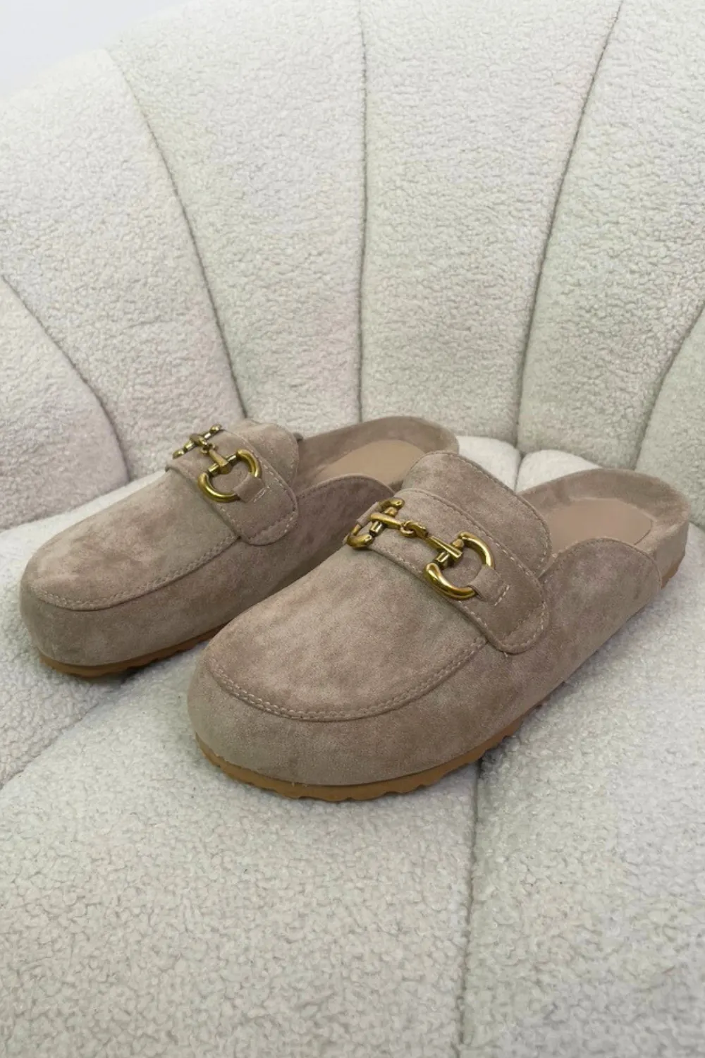 Isabella beige faux suede buckle mules