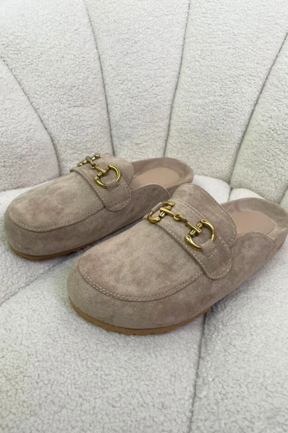 Isabella beige faux suede buckle mules