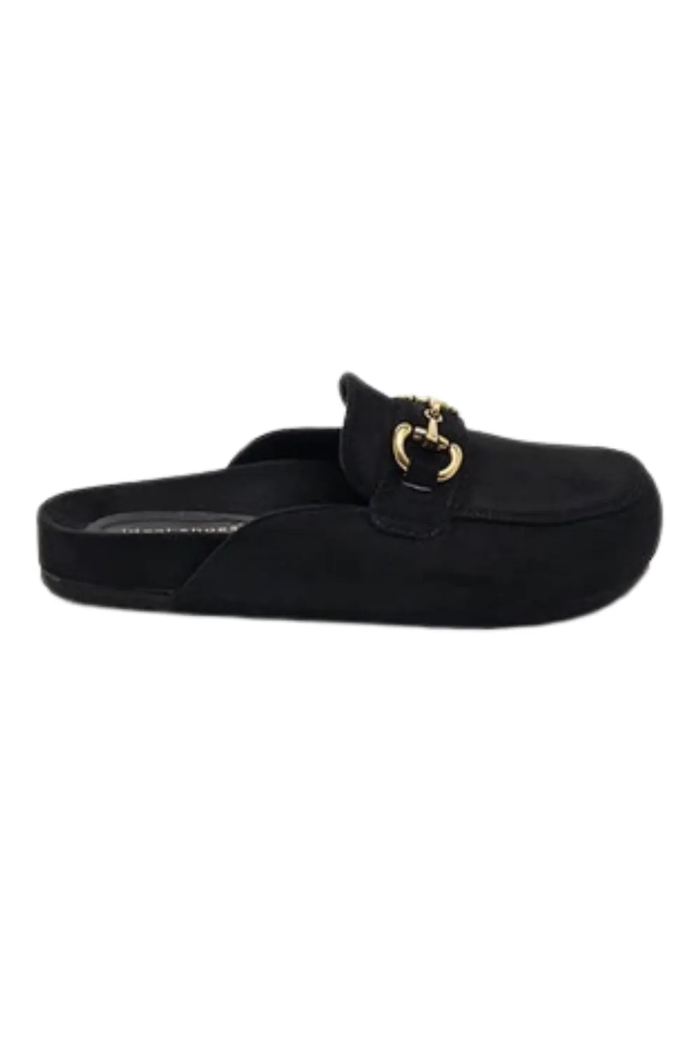 Isabella black faux suede buckle mules