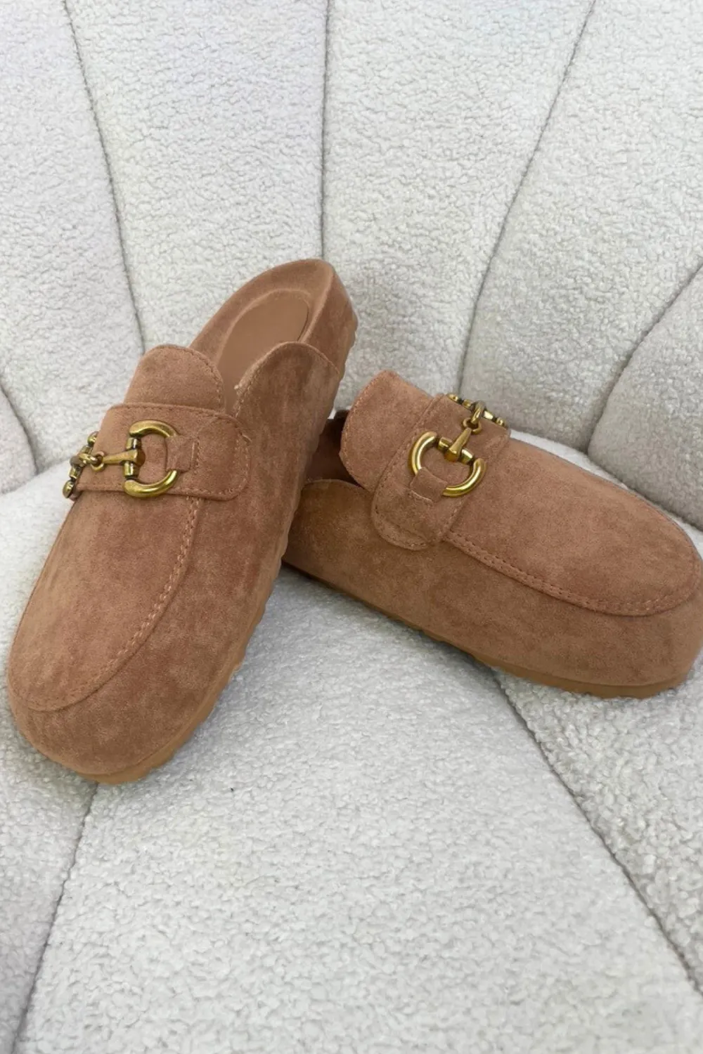 Isabella camel faux suede buckle mules