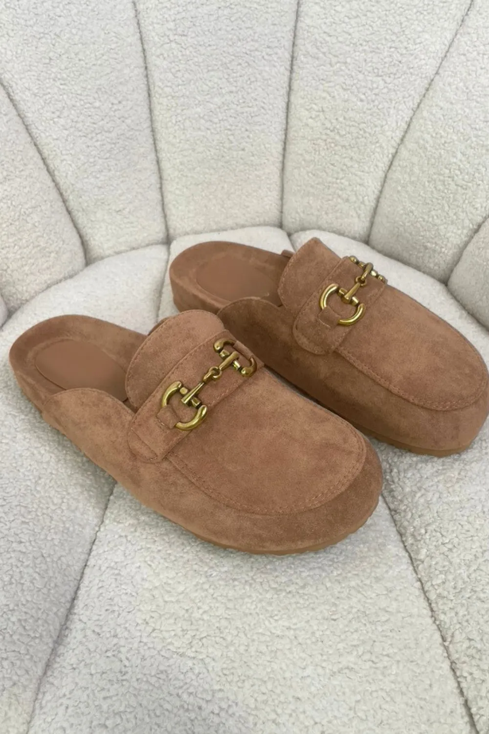 Isabella camel faux suede buckle mules