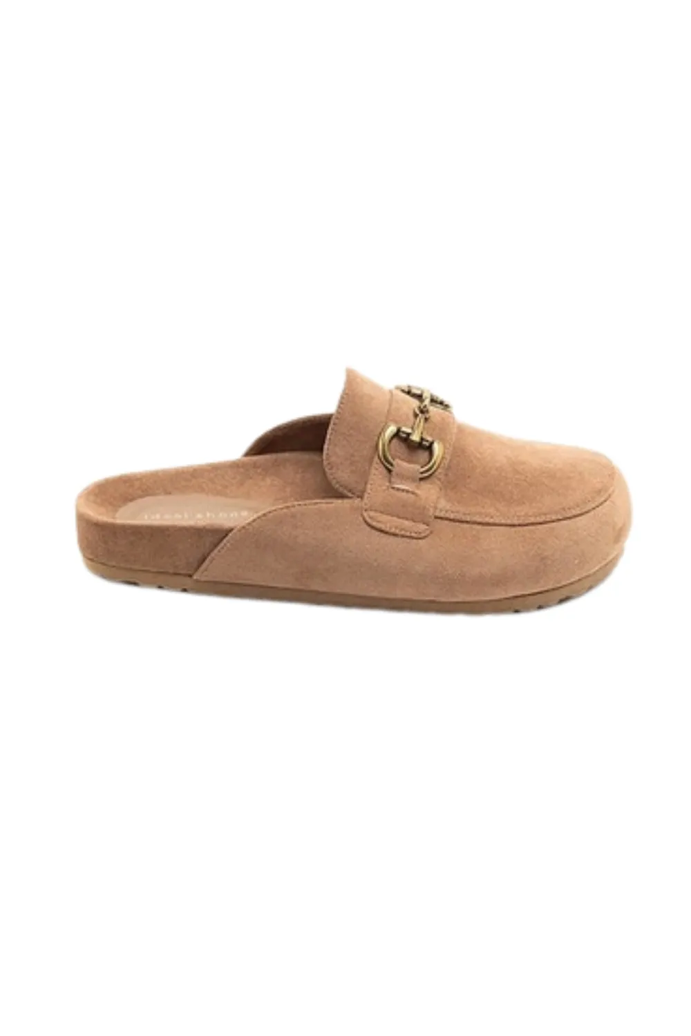 Isabella camel faux suede buckle mules