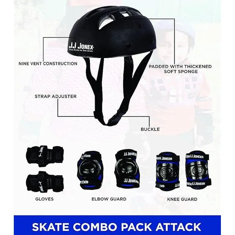 JJ Jonex Attack Adjustable Skates Combo (Skates   Helmet   Knee pad   Elbow pad   Skates Gloves   Key   Bag) (MYC) | Large | Helmet - Black | 11 Years and Above