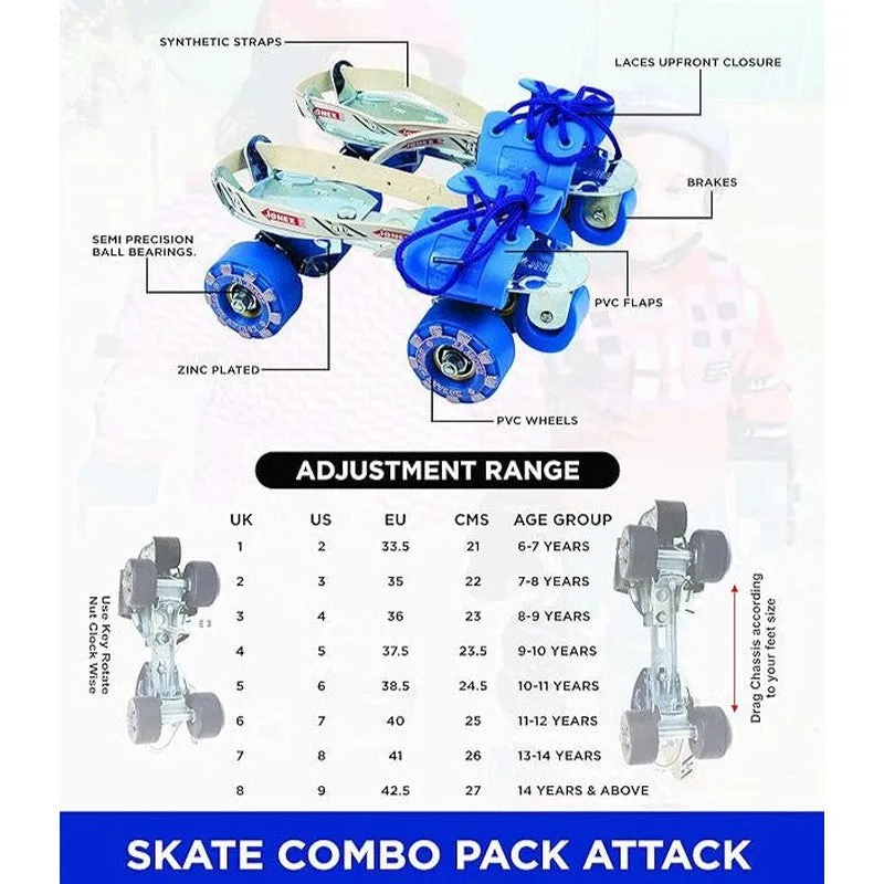 JJ Jonex Attack Adjustable Skates Combo (Skates   Helmet   Knee pad   Elbow pad   Skates Gloves   Key   Bag) (MYC) | Large | Helmet - Black | 11 Years and Above