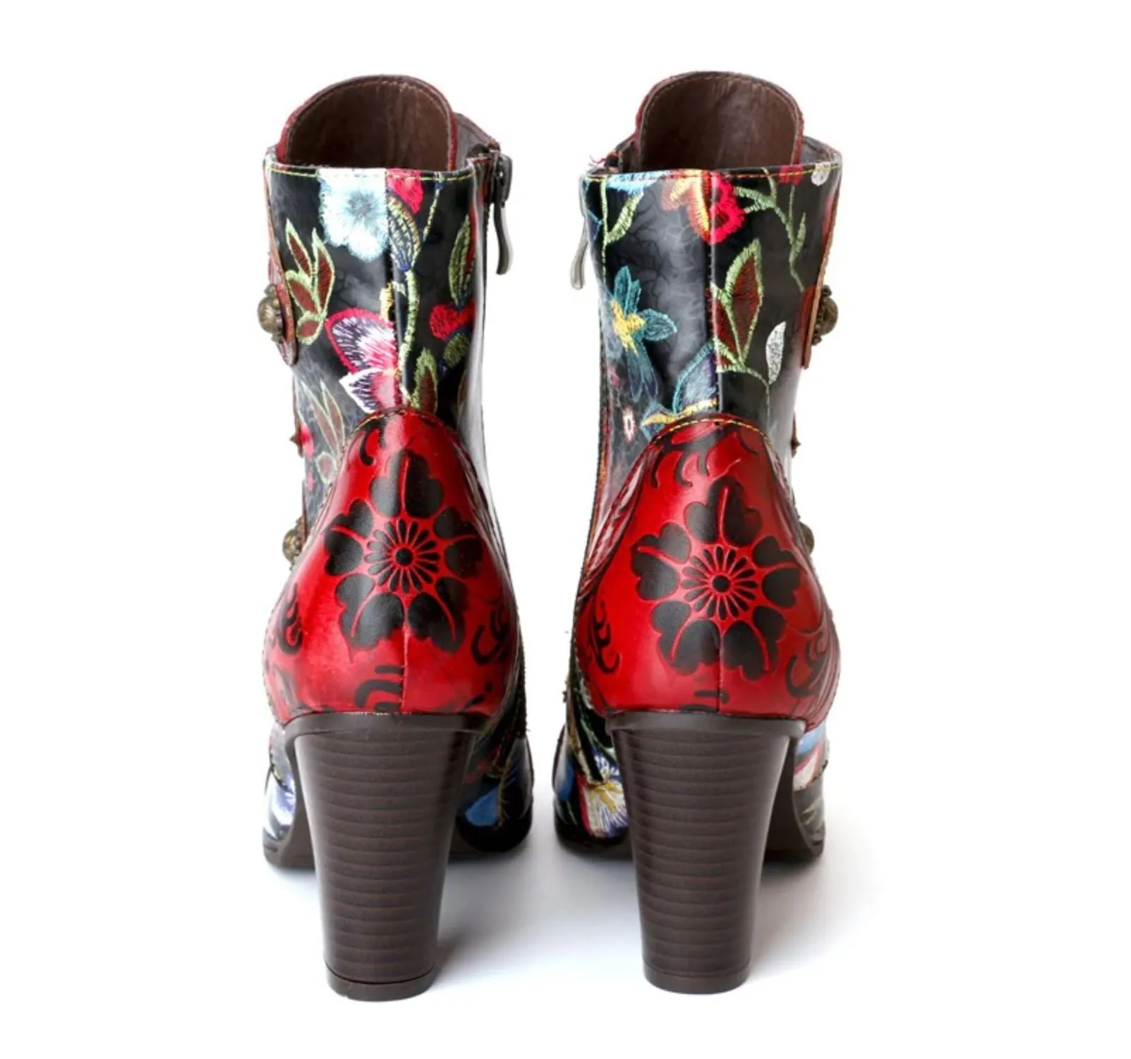 JOHNNATURE  Handmade & Painted Leather High Heel Ankle Boots with Floral Patterns