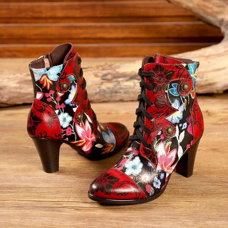 JOHNNATURE  Handmade & Painted Leather High Heel Ankle Boots with Floral Patterns