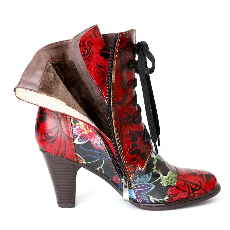 JOHNNATURE  Handmade & Painted Leather High Heel Ankle Boots with Floral Patterns