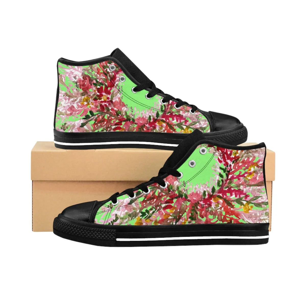 Light Green Floral Men's High Tops, Red Fall Floral Print High-top Sneakers Tennis Shoes