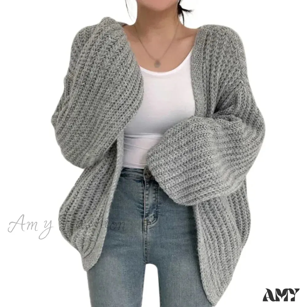 Loose Casual Solid Color Autumn Winter Versatile V Neck Knitted Sweater