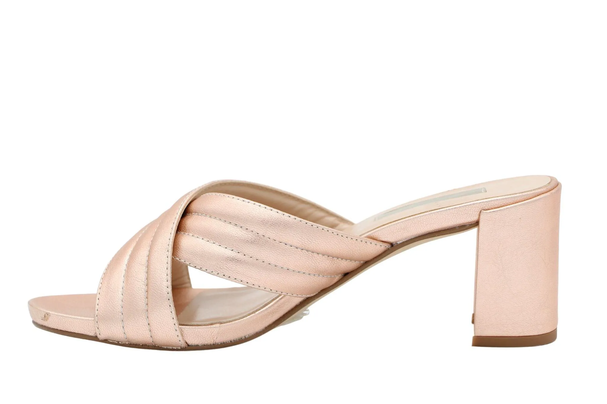 MARIAN Rose gold leather  criss cross mule on a block heel