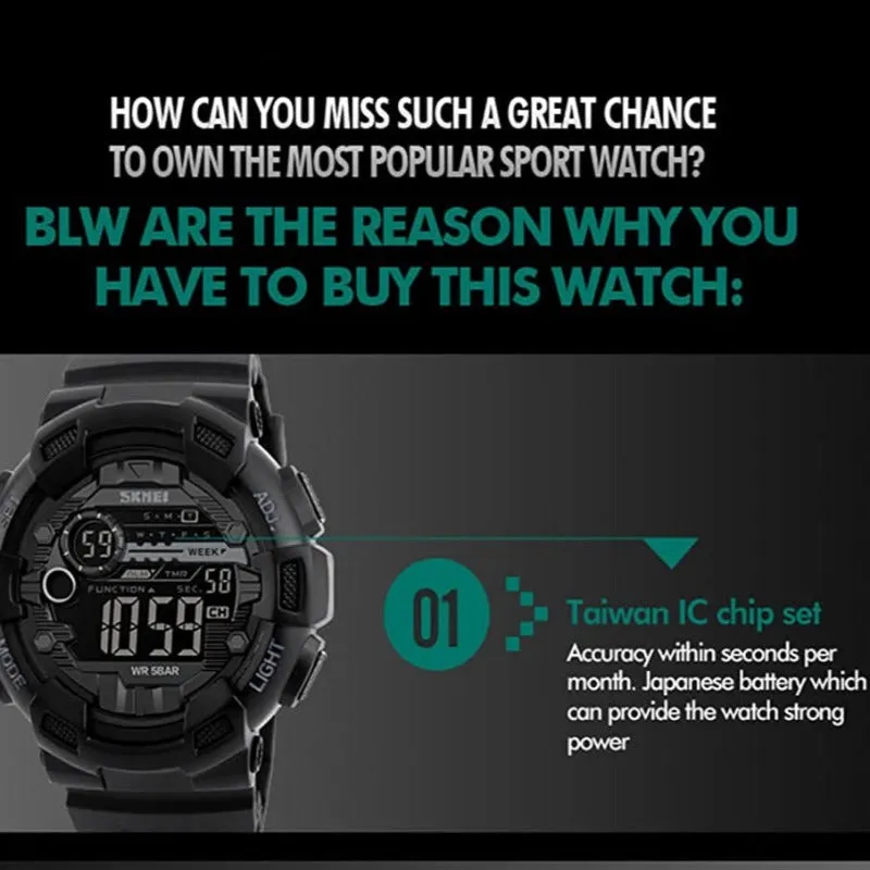 Men's Digital Sports Watch LED Screen & Waterproof with Backlight