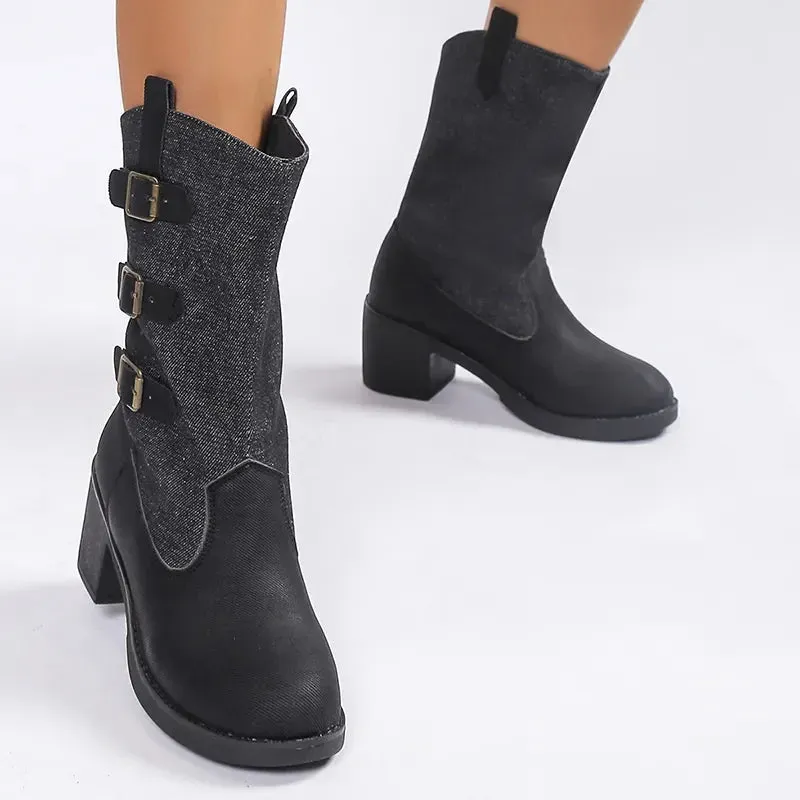 Merendy Ayat Mid Square heel round Toe Mid-Tube leather denim ankle booties