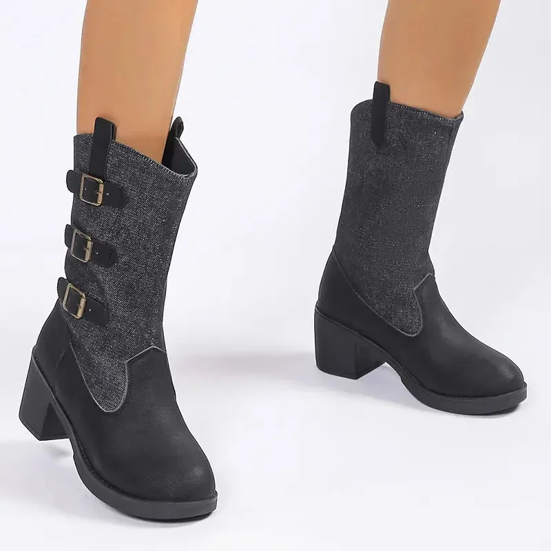 Merendy Ayat Mid Square heel round Toe Mid-Tube leather denim ankle booties