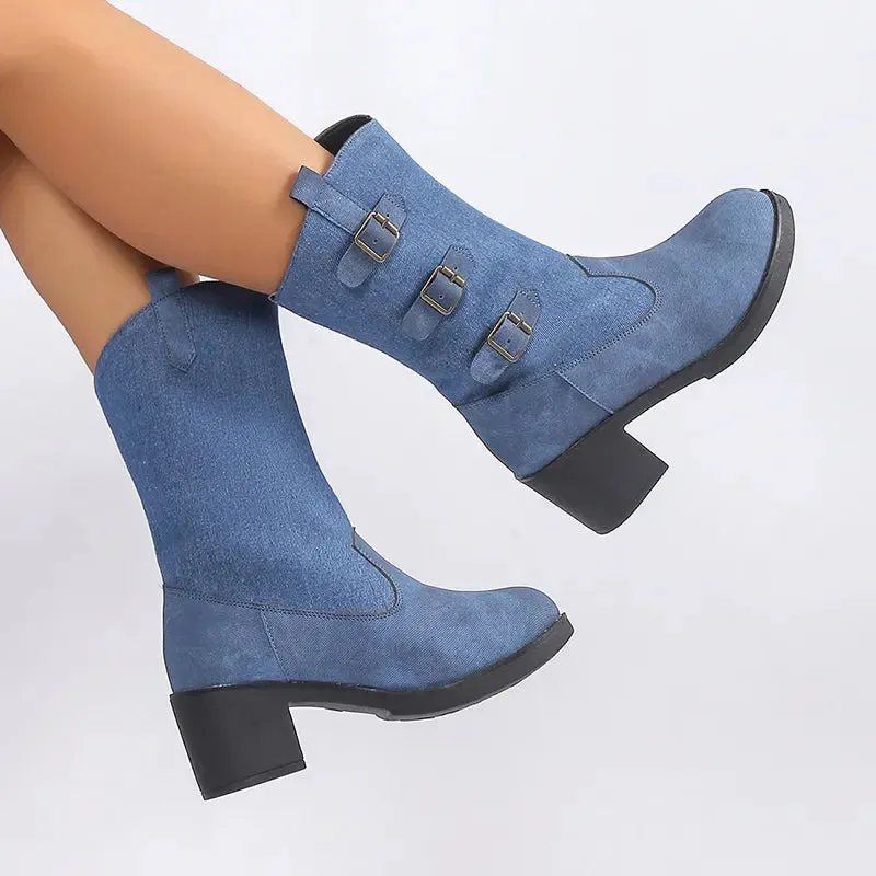 Merendy Ayat Mid Square heel round Toe Mid-Tube leather denim ankle booties