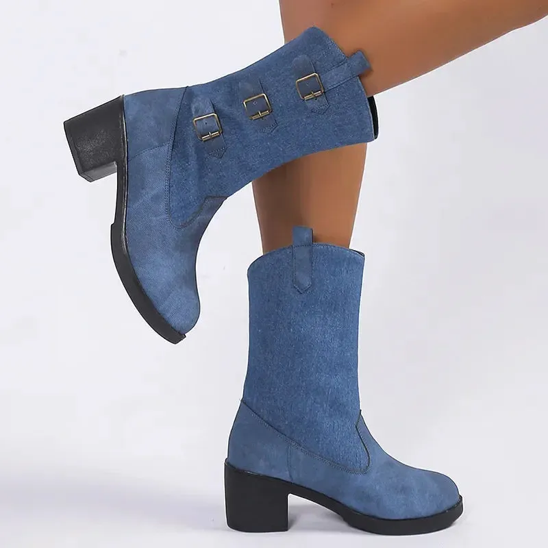 Merendy Ayat Mid Square heel round Toe Mid-Tube leather denim ankle booties