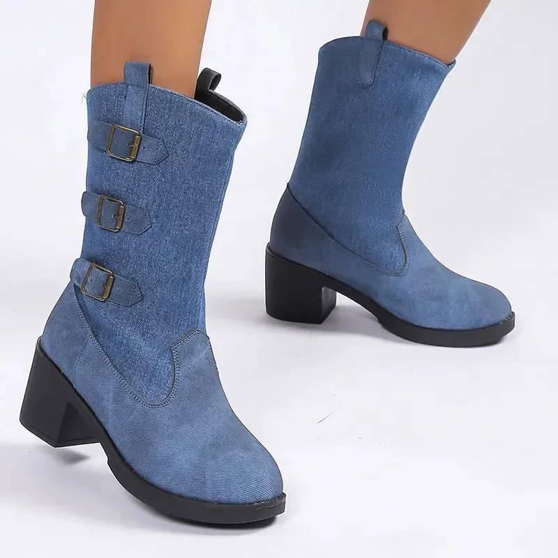 Merendy Ayat Mid Square heel round Toe Mid-Tube leather denim ankle booties