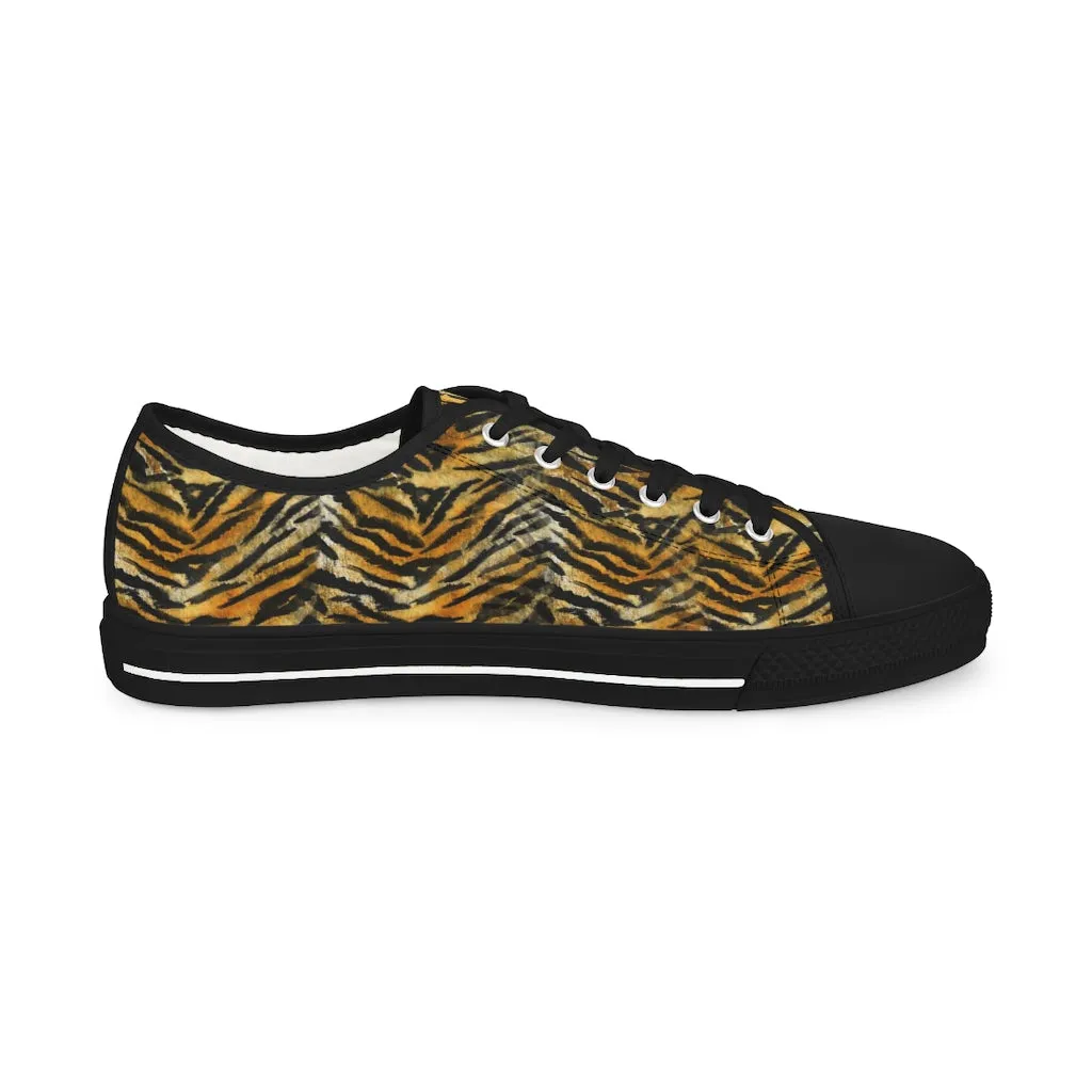 Orange Tiger Striped Low Tops, Best Designer Orange Tiger Striped Animal Printed Men's Low Top Sneakers (US Size: 5-14)