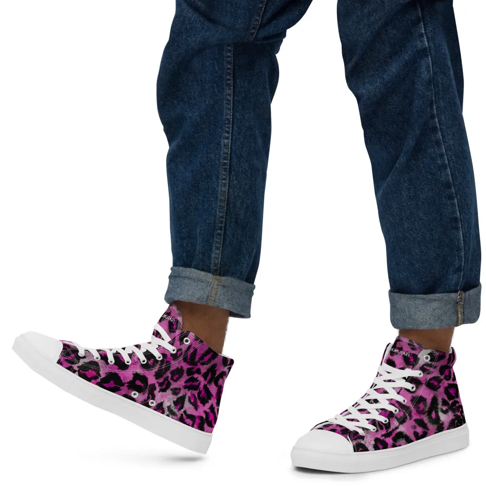 Pink Leopard Men's Sneakers, Animal Print High Top Canvas Stylish Fashion Tennis Shoes For Men