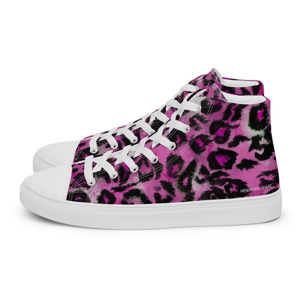 Pink Leopard Men's Sneakers, Animal Print High Top Canvas Stylish Fashion Tennis Shoes For Men