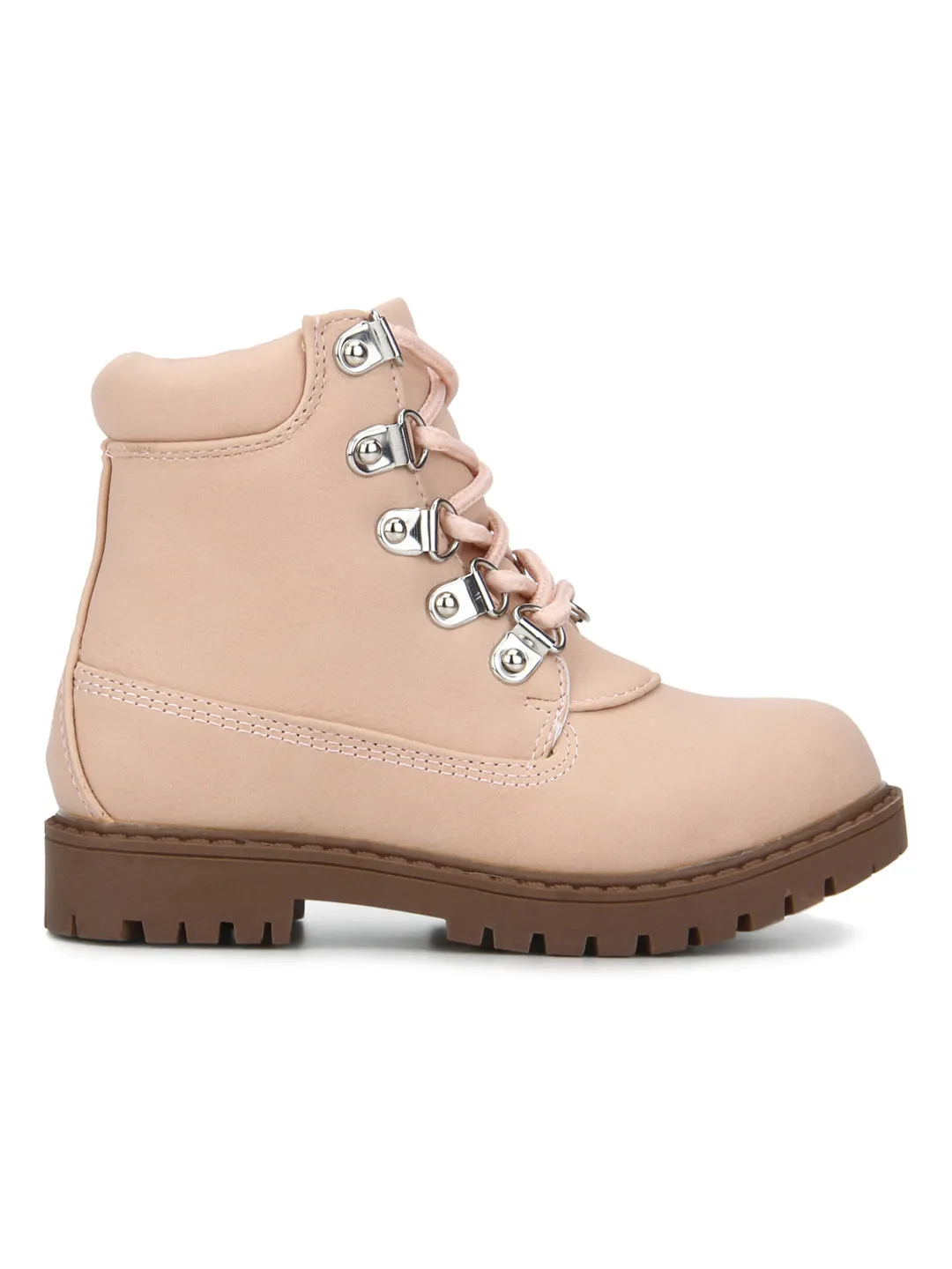 Pink PU Lace-up Ankle Boots