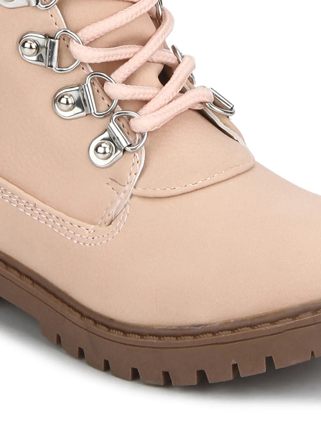 Pink PU Lace-up Ankle Boots