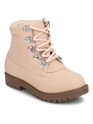 Pink PU Lace-up Ankle Boots