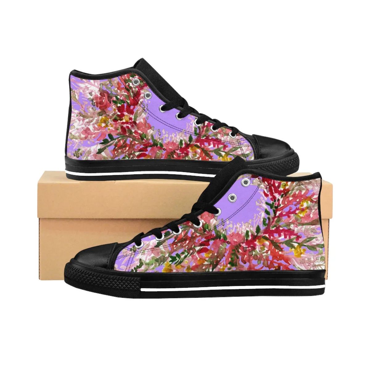 Purple Red Floral Men's Sneakers, Fall Floral Print High-top Sneakers Tennis Fashion Shoes