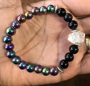 Rainbow Hematite Black Obsidian and Herkimer Diamond Stretchy Bracelet