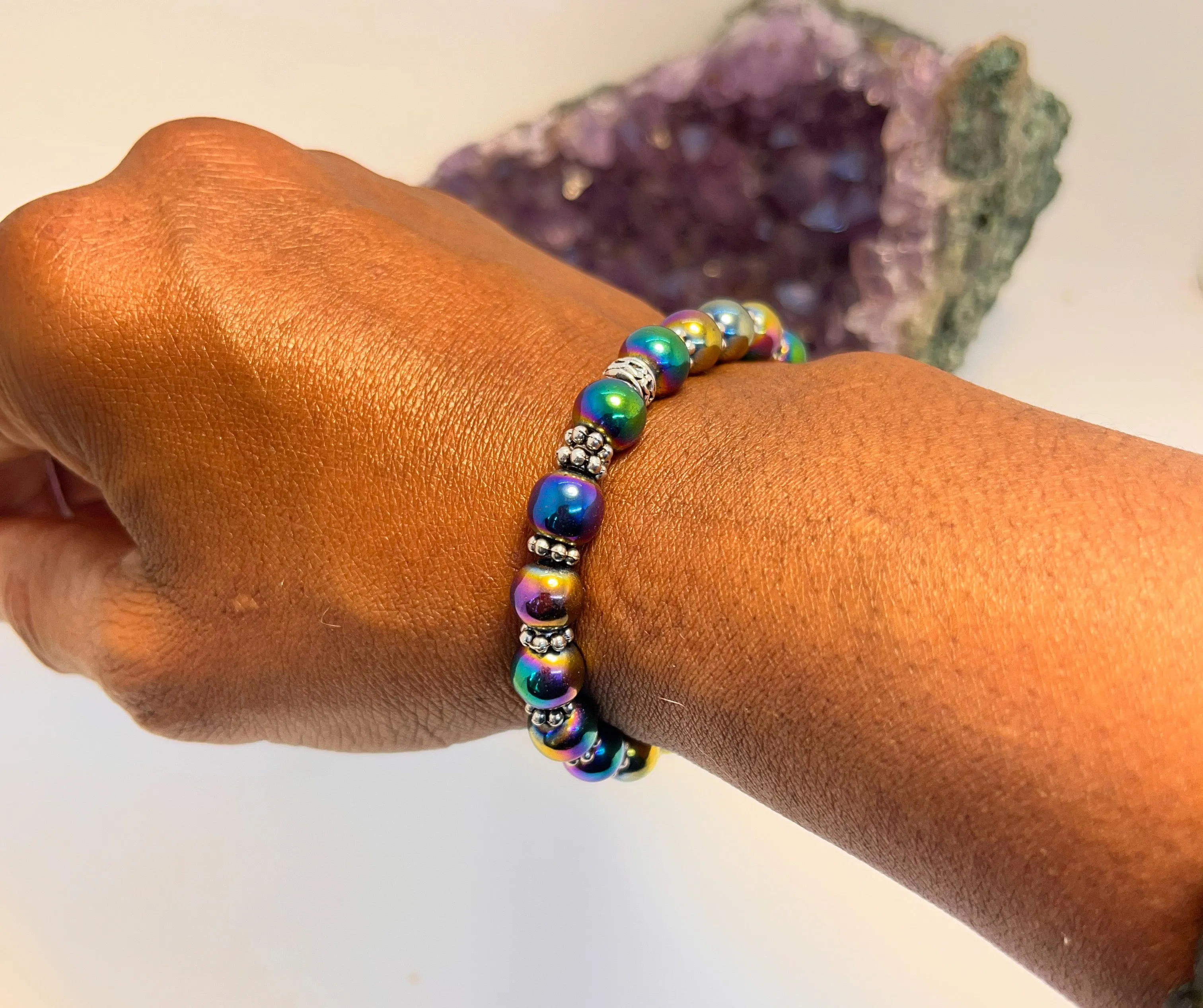 Rainbow Hematite Stretchy Bracelet w/Tibetan Silver spacers