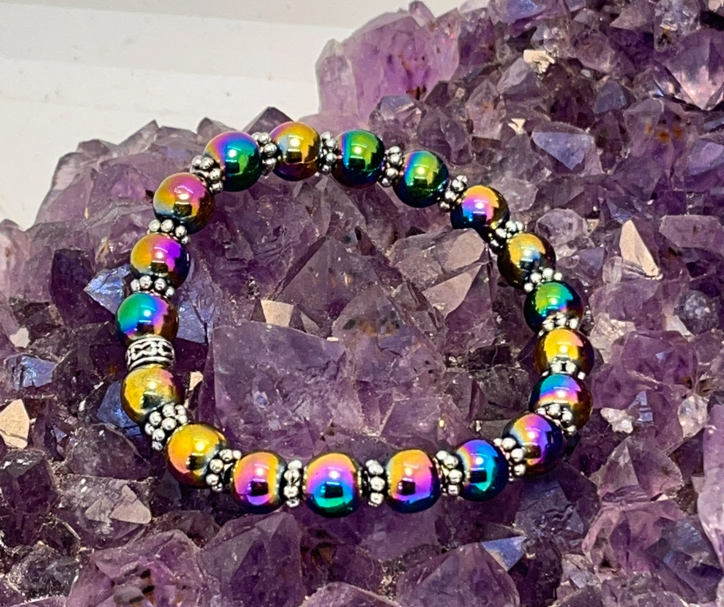 Rainbow Hematite Stretchy Bracelet w/Tibetan Silver spacers