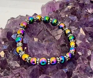 Rainbow Hematite Stretchy Bracelet w/Tibetan Silver spacers