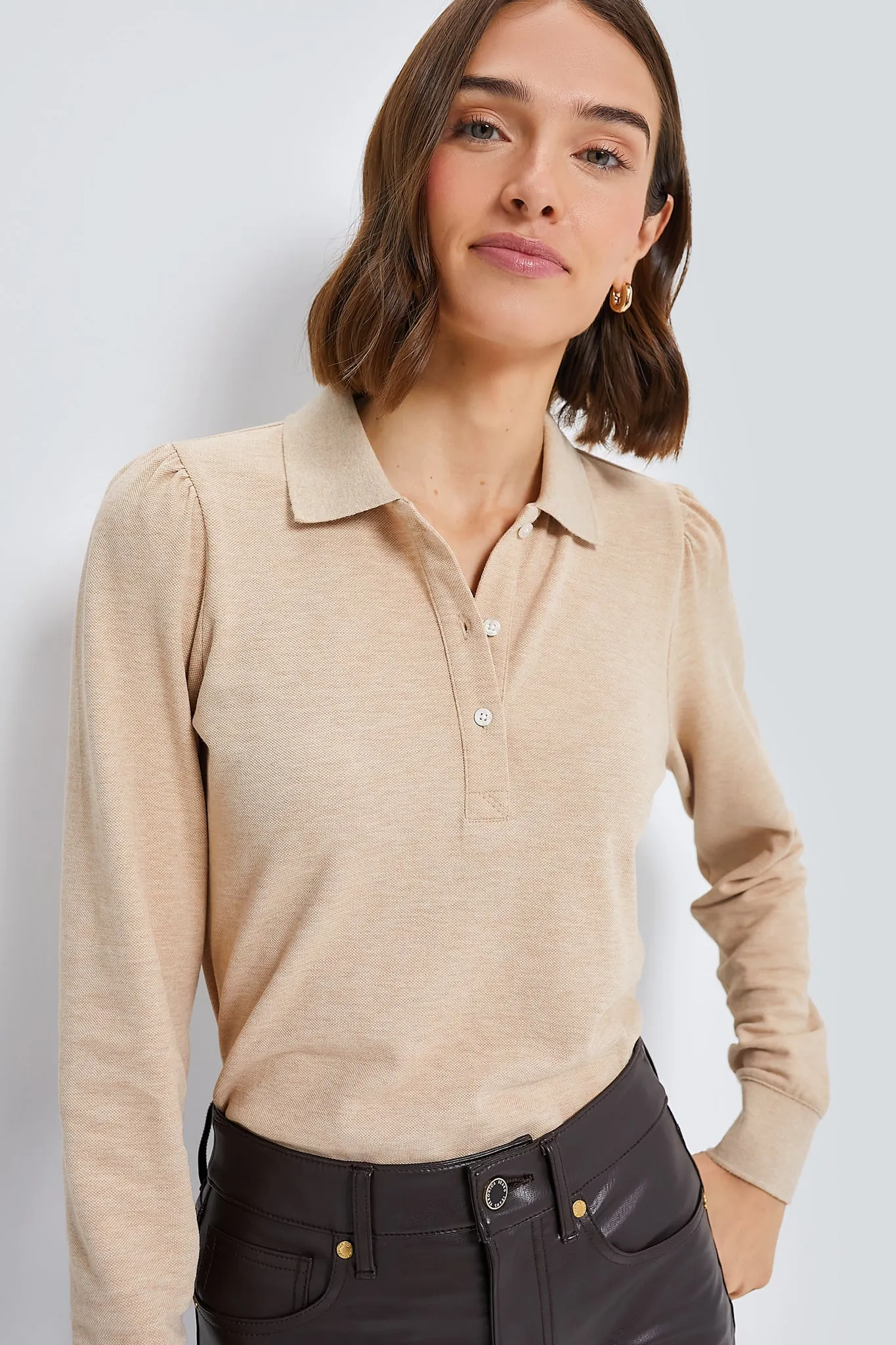 Sandstone Long Sleeve Pique Puff Sleeve Peggy Polo