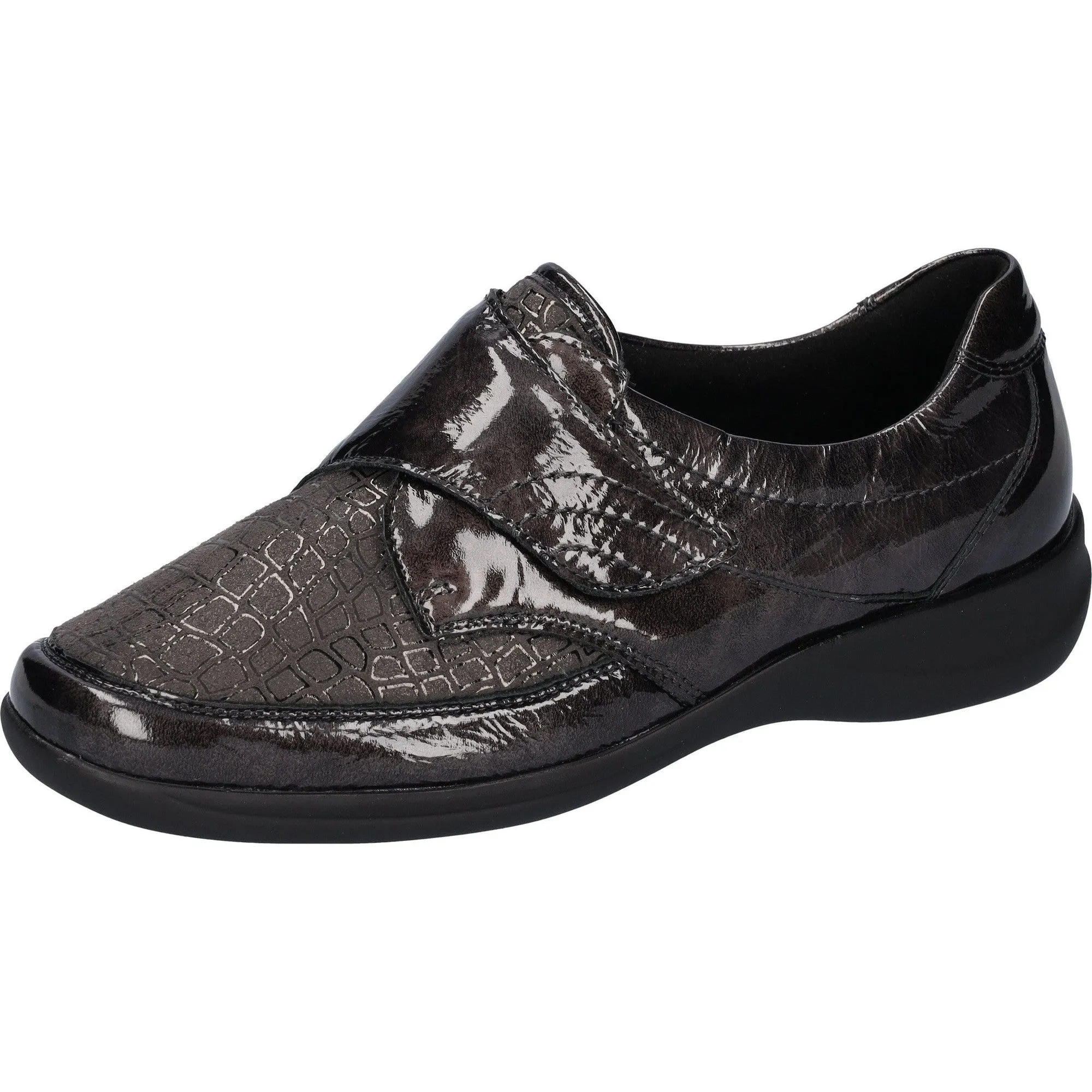 Waldlaufer M54306 230 052 Millu-S Ladies Carbon Grey Patent Leather Touch Fastening Shoes