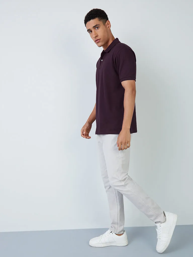 WES Casuals Plum Cotton Blend Slim-Fit Polo T-Shirt