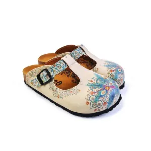 White & Blue Floral T-Strap Mule CAL1501