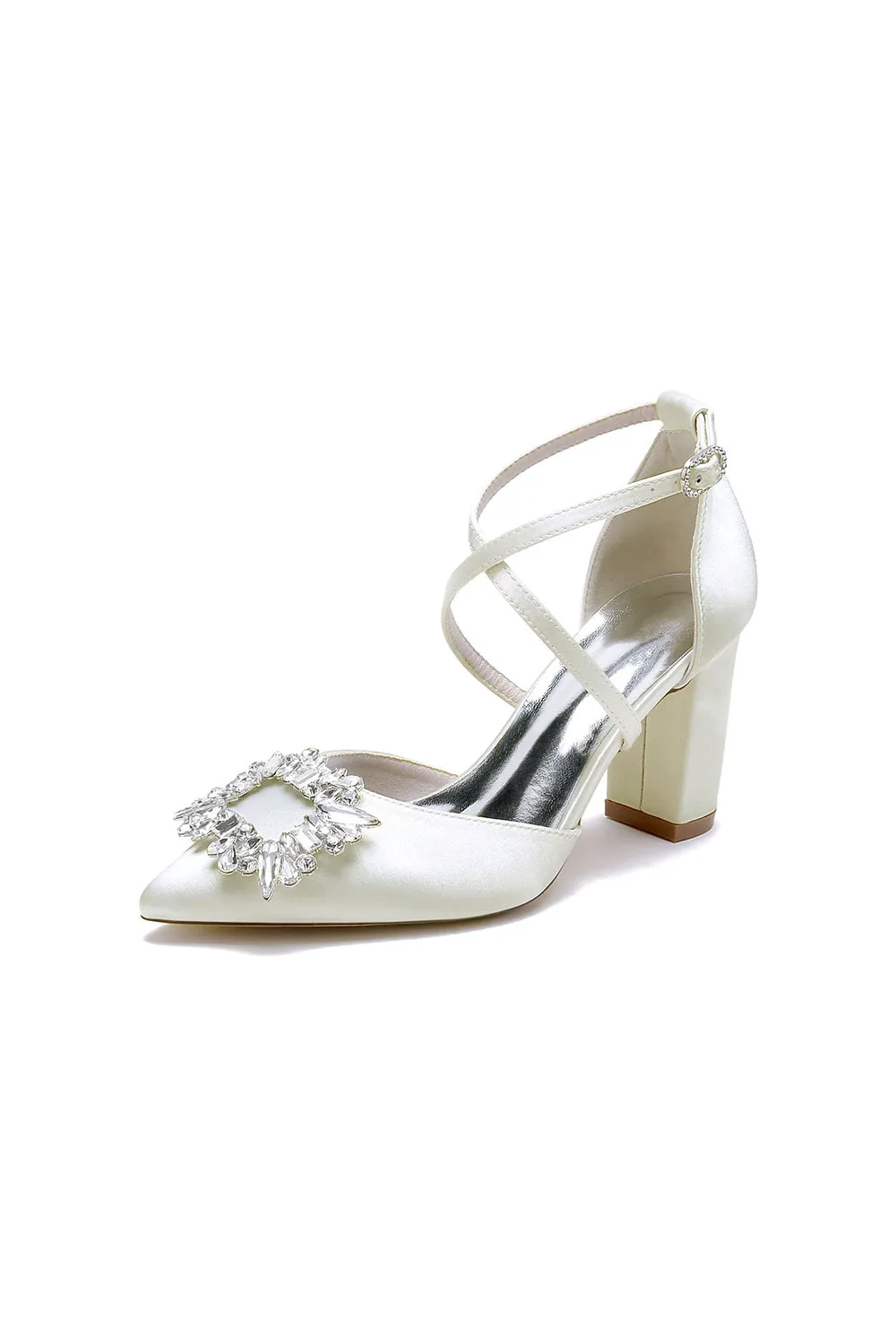 White Satin Pump with Crystal-Embellished Cross-Strap