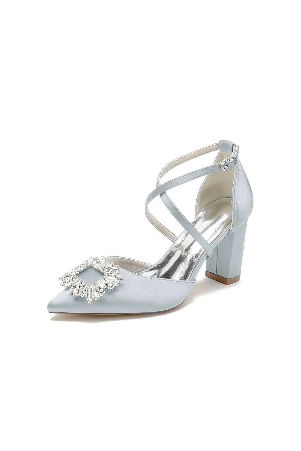 White Satin Pump with Crystal-Embellished Cross-Strap