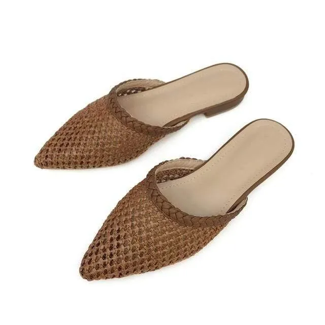 Women Pointed Toe Loe Heel Slide Sandals/ Slippers Cane Woven Beach Shoes Mule Slippers