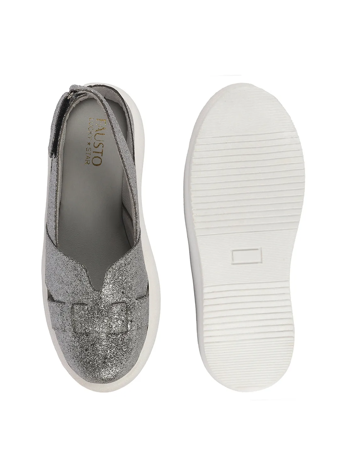 Women Silver Embellished Backstrap Height Enhancer Hook and Loop Slip on Shoes|Casual Shoe|Evening Party Shoe|Anti Skid Sole