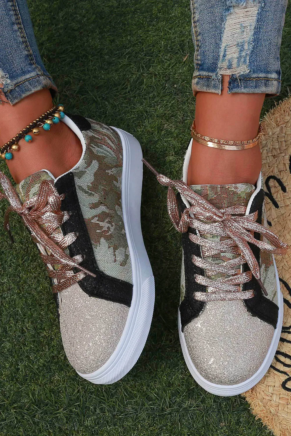 Women's Camo Patchwork Sequin Lace-Up Sneakers