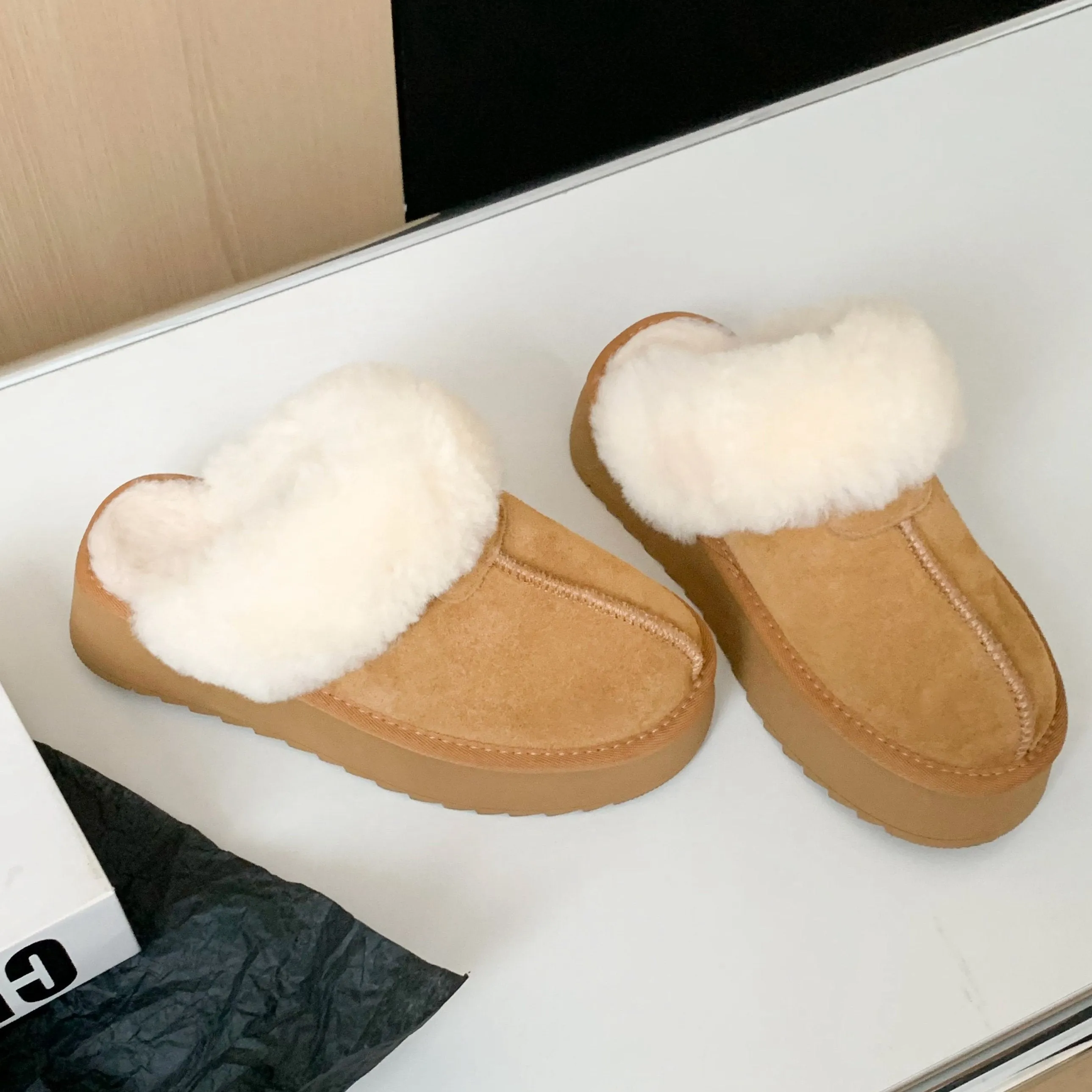 Womens Genuine Suede Leather Platform Wool Fur Mule