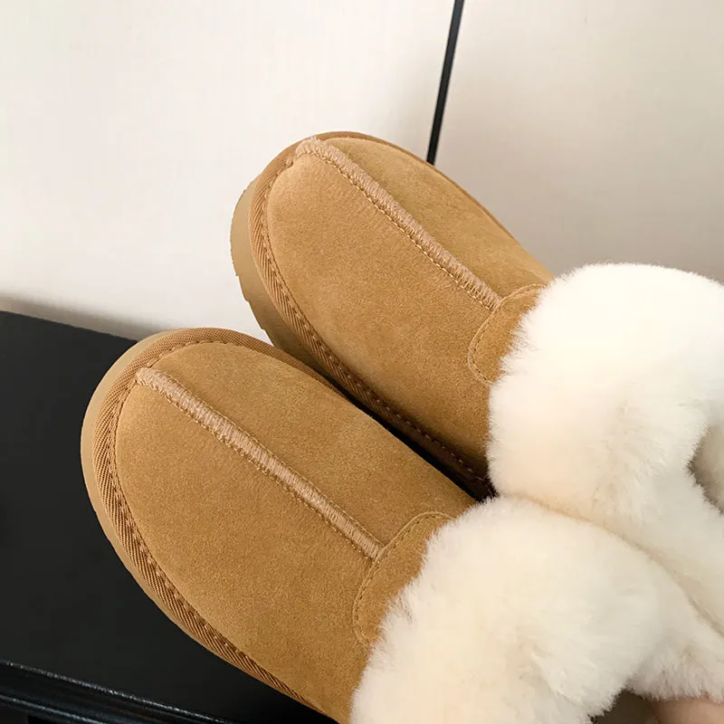 Womens Genuine Suede Leather Platform Wool Fur Mule