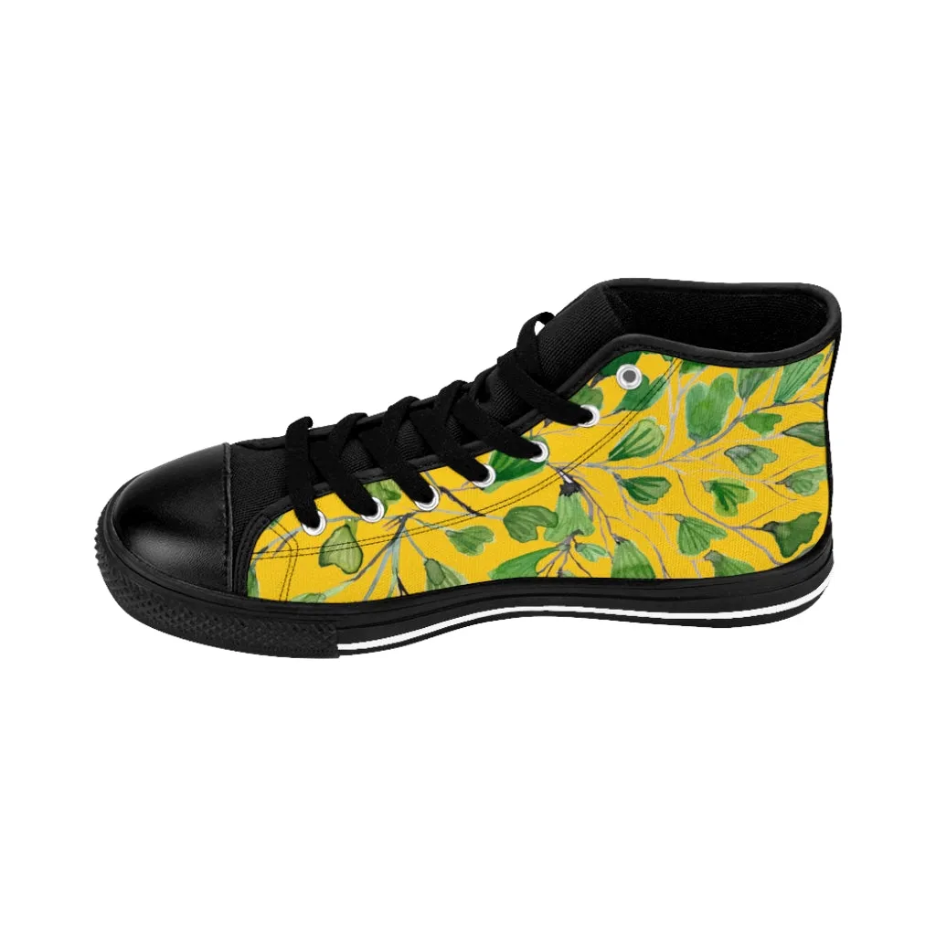 Yellow Maidenhair Men's Tennis Shoes, Tropical Print Designer Best High-top Sneakers For Men